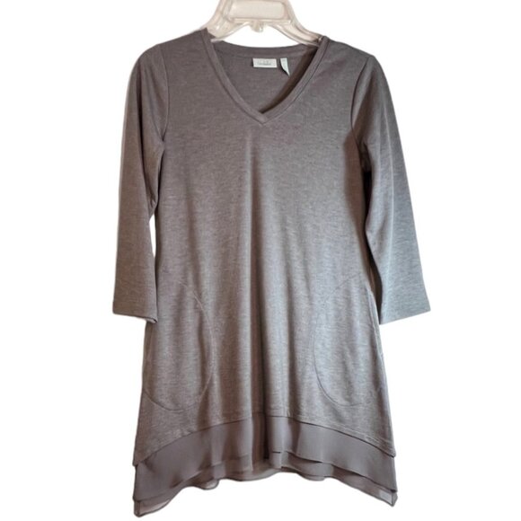 LOGO Lounge Taupe Tunic w/2 Front Pockets & 2-Tier Sheer Ruffle Hem, Size XXS - Picture 1 of 9